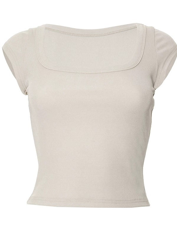 TAN RIBBED SQUARE-NECK TOP WITH SHORT SLEEVES IN APRICOT TONE