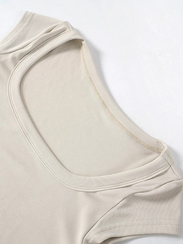 TAN RIBBED SQUARE-NECK TOP WITH SHORT SLEEVES IN APRICOT TONE