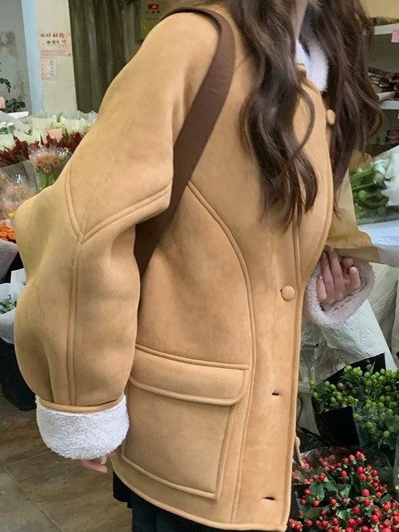 TAN SHEARLING-TRIMMED COAT WITH LAPEL COLLAR LOOSE FIT JACKET