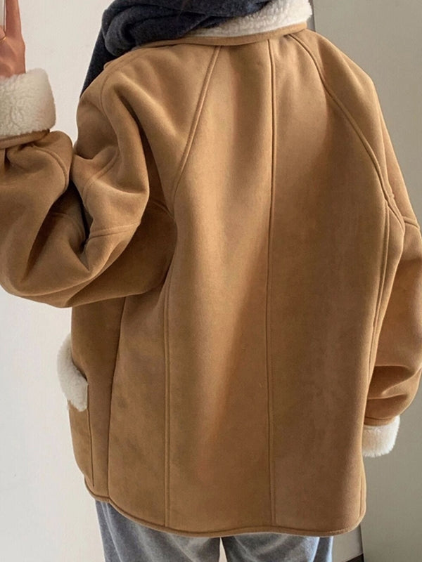 TAN SHEARLING-TRIMMED COAT WITH VERSATILE LOOSE FIT AND LAPEL COLLAR