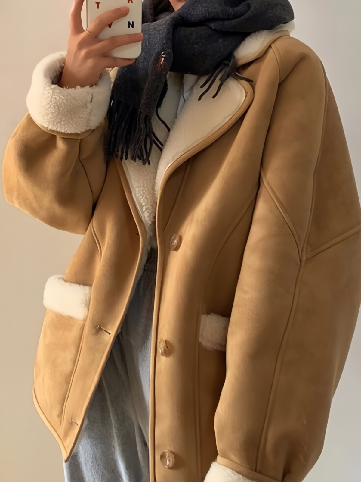 TAN SHEARLING-TRIMMED COAT WITH VERSATILE LOOSE FIT AND LAPEL COLLAR