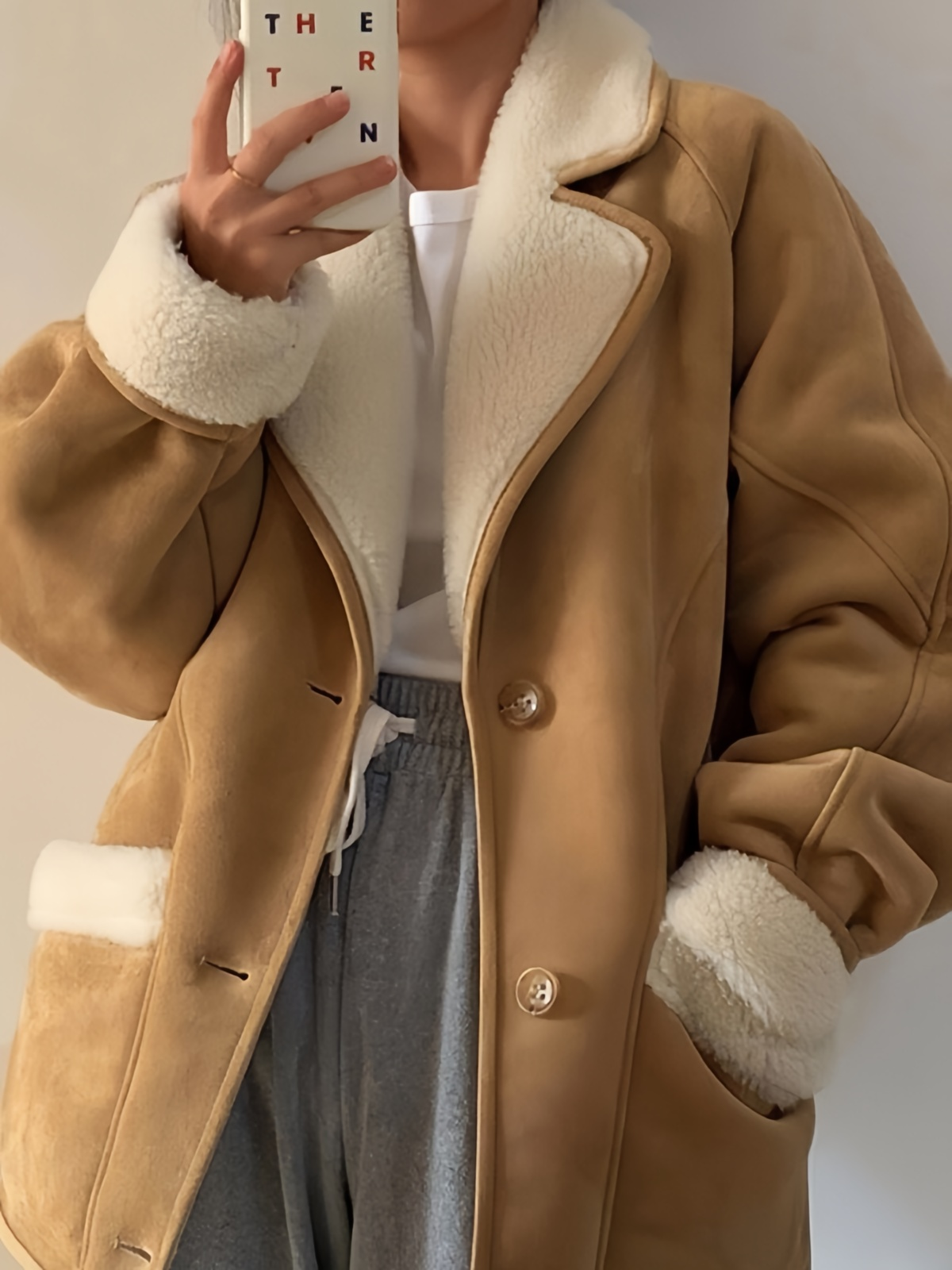TAN SHEARLING-TRIMMED COAT WITH VERSATILE LOOSE FIT AND LAPEL COLLAR