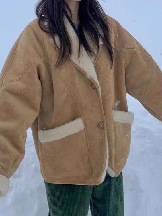 TAN SHEARLING-TRIMMED COAT WITH VERSATILE LOOSE FIT AND LAPEL COLLAR