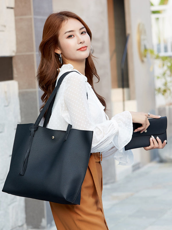 Tassel Zip Bag Large Capacity Shoulder Tote Bag - Black / F