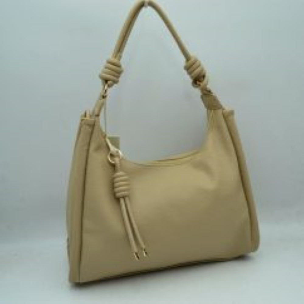 Slouchy Hobo Shoulder Bag with Knotted Strap Details and Gold-Tone Zipper Hardware