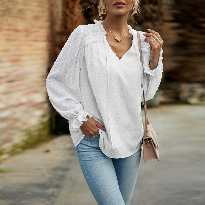 Temperament and elegant v-neck knotted long-sleeved top blouse - Closther