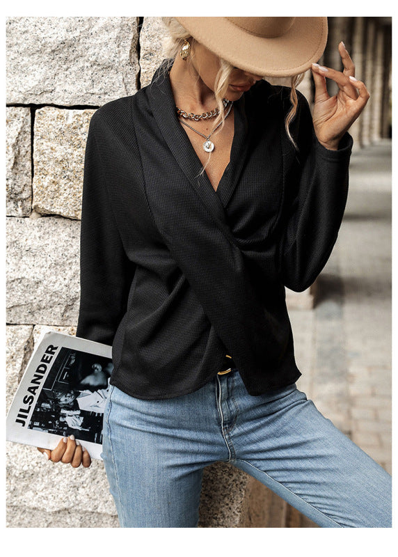 Temperament black long-sleeved v-neck sweater - Closther