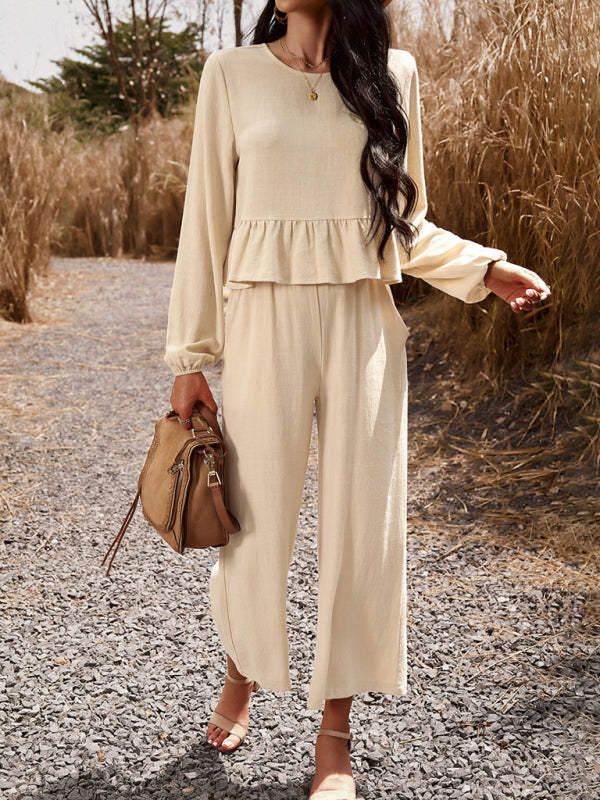 Temperament casual suit solid color long-sleeved top loose trousers - Cracker khaki / S