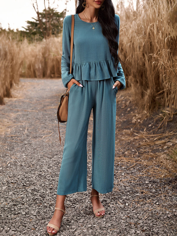 Temperament casual suit solid color long-sleeved top loose trousers - Acid blue / S