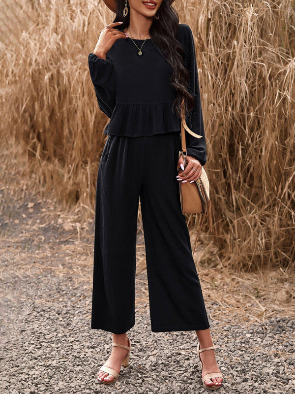 Temperament casual suit solid color long-sleeved top loose trousers - Black / S