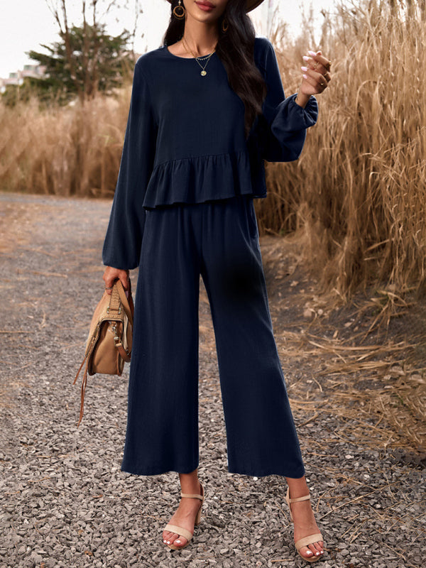 Temperament casual suit solid color long-sleeved top loose trousers - Purplish blue navy / S