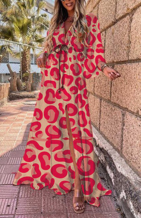 Temperament Holiday High Waist Fashion Print Dress - Golden yellow / S