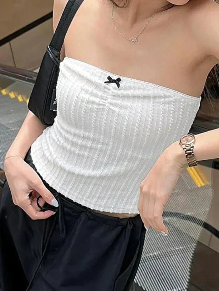 TEXTURED TUBE TOP WITH BOW - Y2K TEXTURED BOW DESIGN