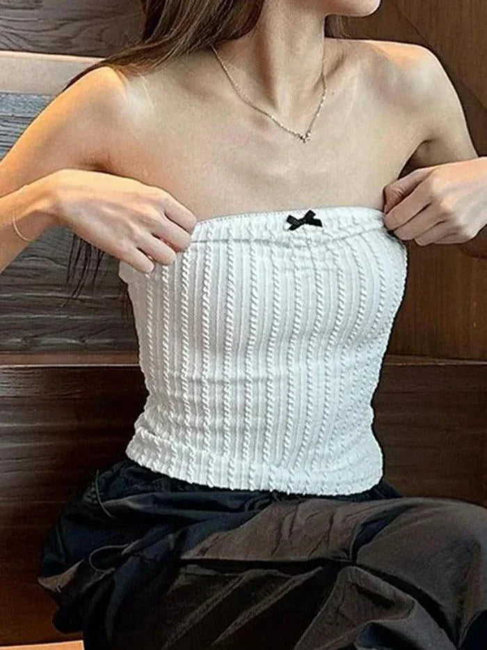 TEXTURED TUBE TOP WITH BOW - Y2K TEXTURED BOW DESIGN