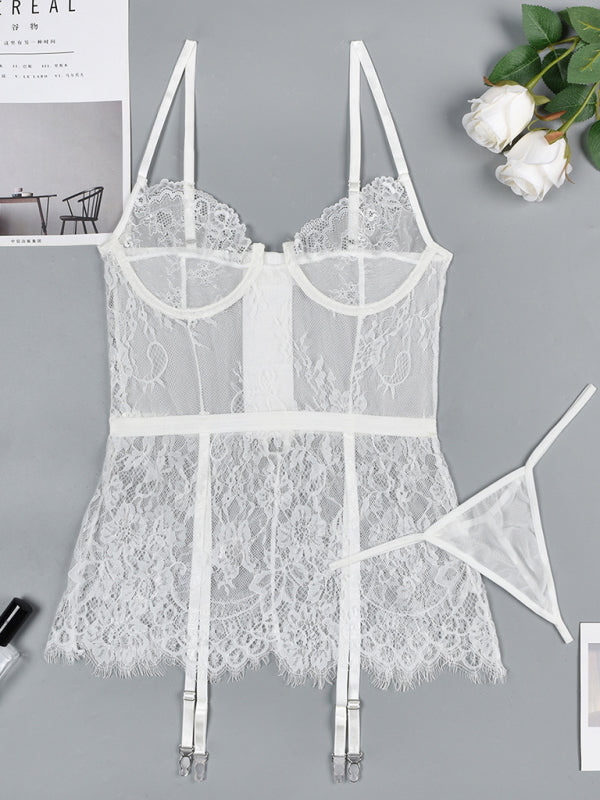 Thin lace see-through nightgown with irregular hem sexy erotic set