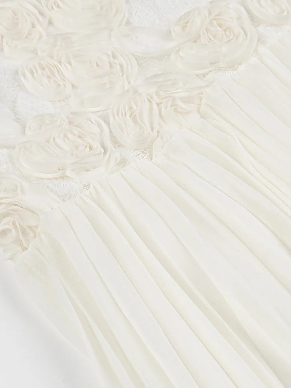 Three-dimensional rose decorated ruffle stitching suspender dress