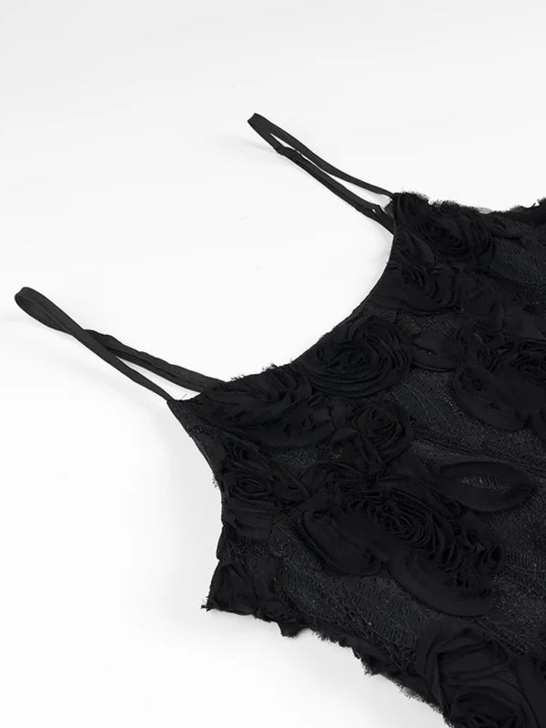 Three-dimensional rose decorated ruffle stitching suspender dress