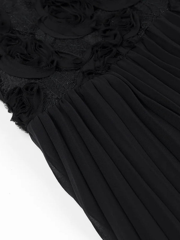 Three-dimensional rose decorated ruffle stitching suspender dress