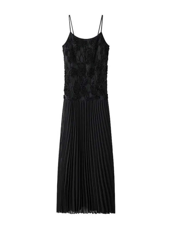 Three-dimensional rose decorated ruffle stitching suspender dress - Black / S