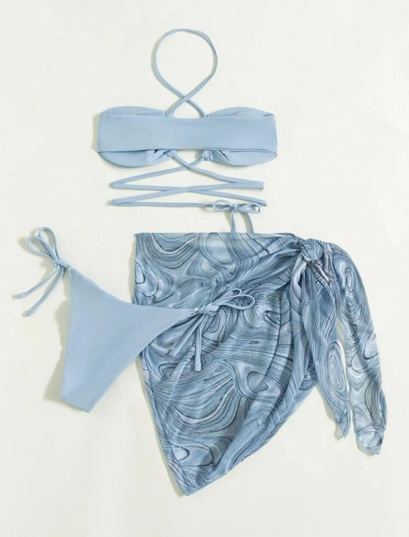 THREE-PIECE BIKINI SWIMSUIT WITH CROSS DESIGN AND LACE DETAILS