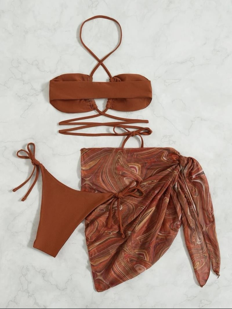 THREE-PIECE BIKINI SWIMSUIT WITH CROSS DESIGN AND LACE DETAILS