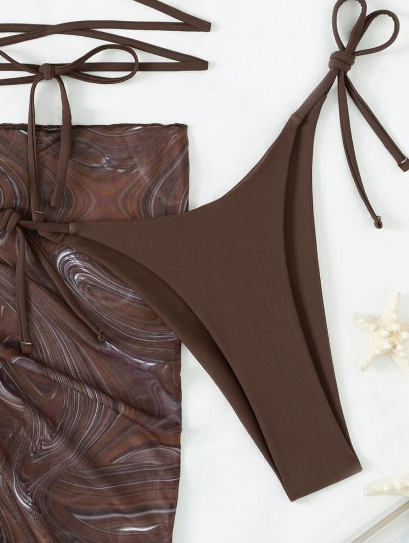 THREE-PIECE BIKINI SWIMSUIT WITH CROSS DESIGN AND LACE DETAILS