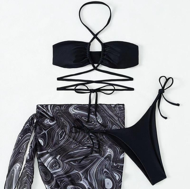 THREE-PIECE BIKINI SWIMSUIT WITH CROSS DESIGN AND LACE DETAILS