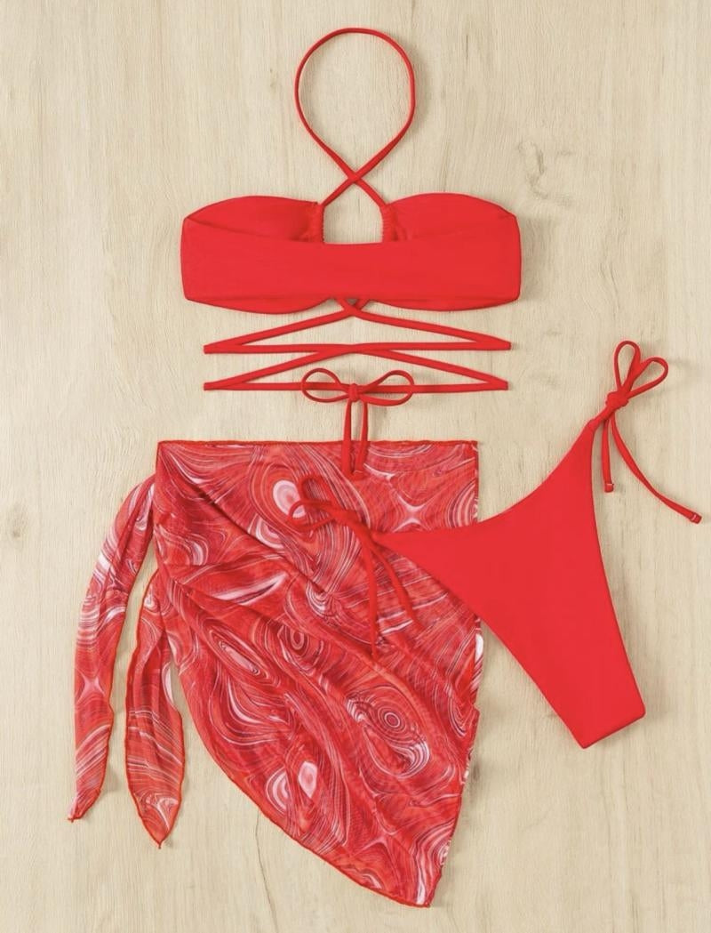 THREE-PIECE BIKINI SWIMSUIT WITH CROSS DESIGN AND LACE DETAILS