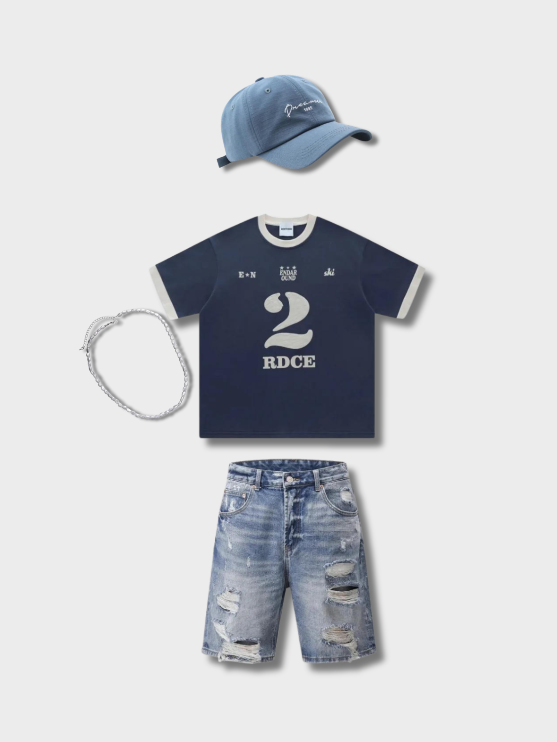 THREE-PIECE BLUE CAP AND NAVY T-SHIRT SUMMER OUTFIT FOR RDCE STREETWEAR