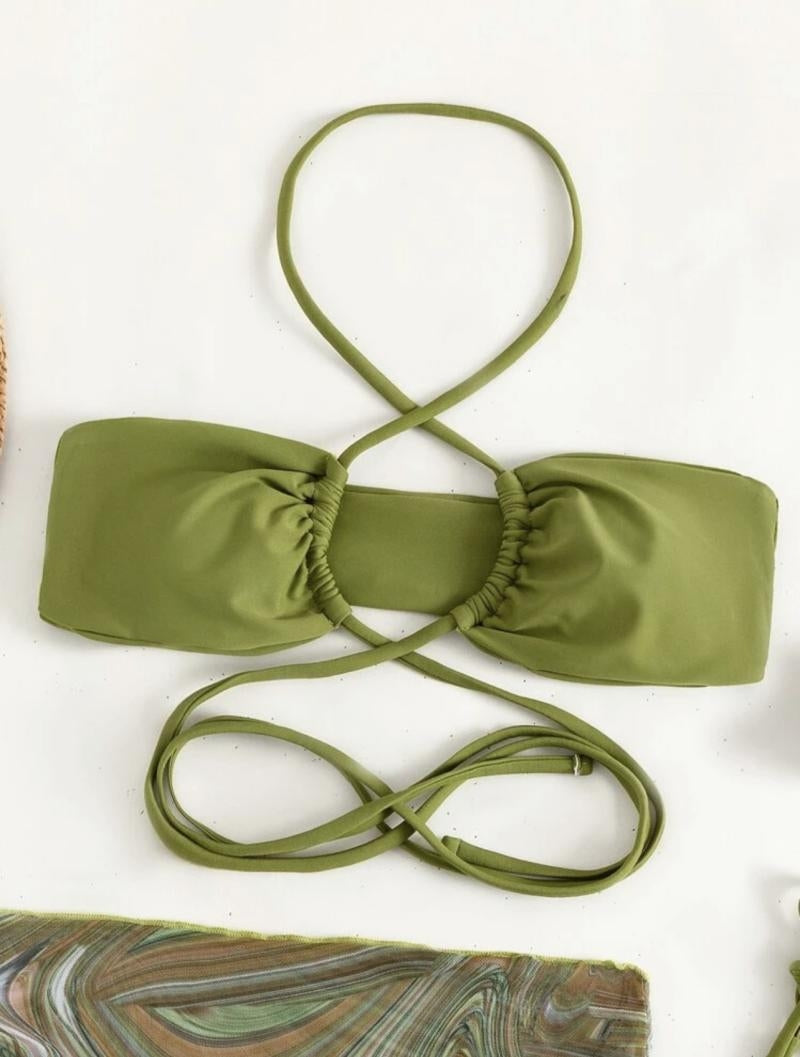 THREE-PIECE OLIVE GREEN HALTER MICRO BIKINI WITH PADDED CUPS AND ADJUSTABLE TIES