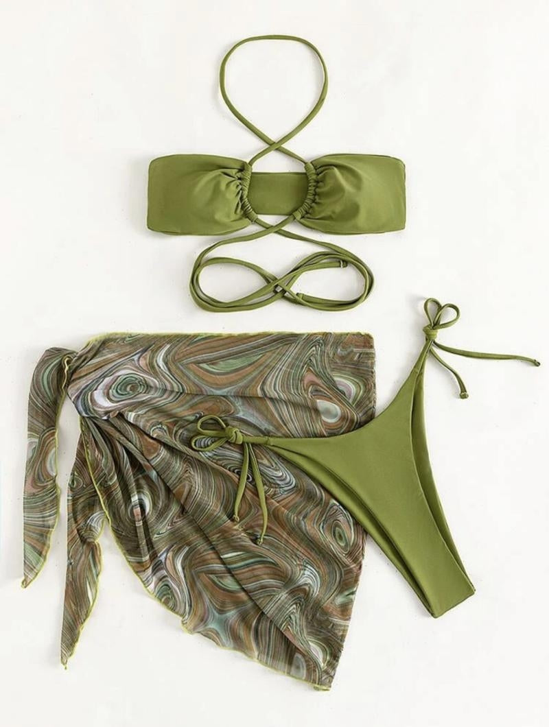 THREE-PIECE OLIVE GREEN HALTER MICRO BIKINI WITH PADDED CUPS AND ADJUSTABLE TIES