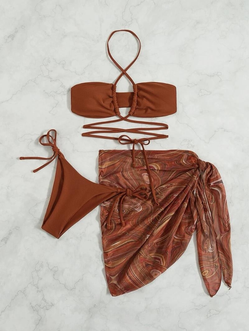 THREE-PIECE OLIVE GREEN HALTER MICRO BIKINI WITH PADDED CUPS AND ADJUSTABLE TIES