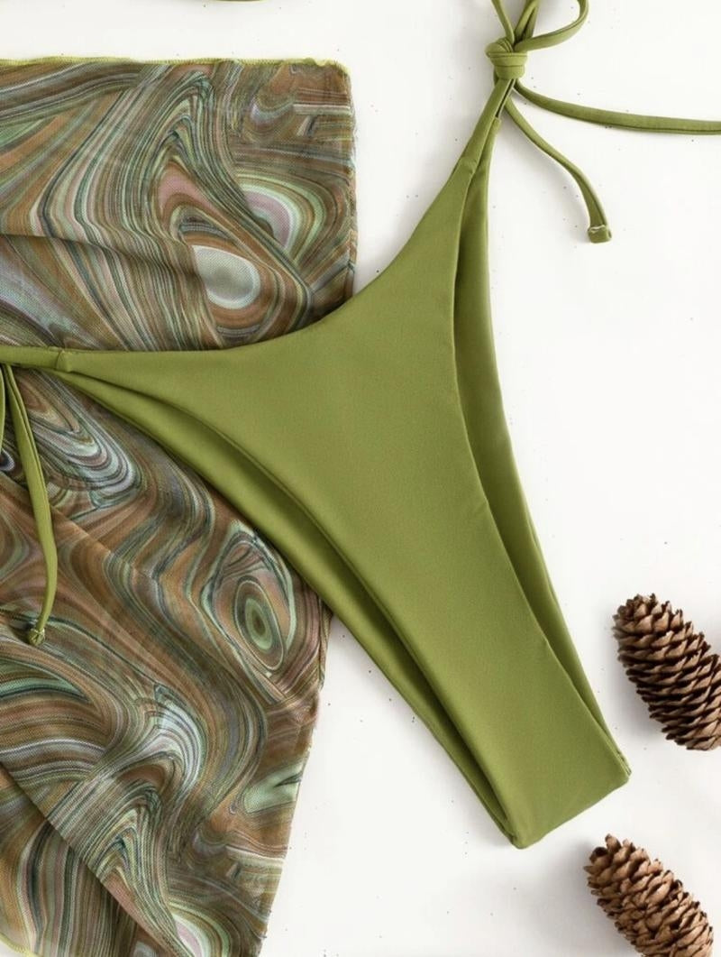 THREE-PIECE OLIVE GREEN HALTER MICRO BIKINI WITH PADDED CUPS AND ADJUSTABLE TIES