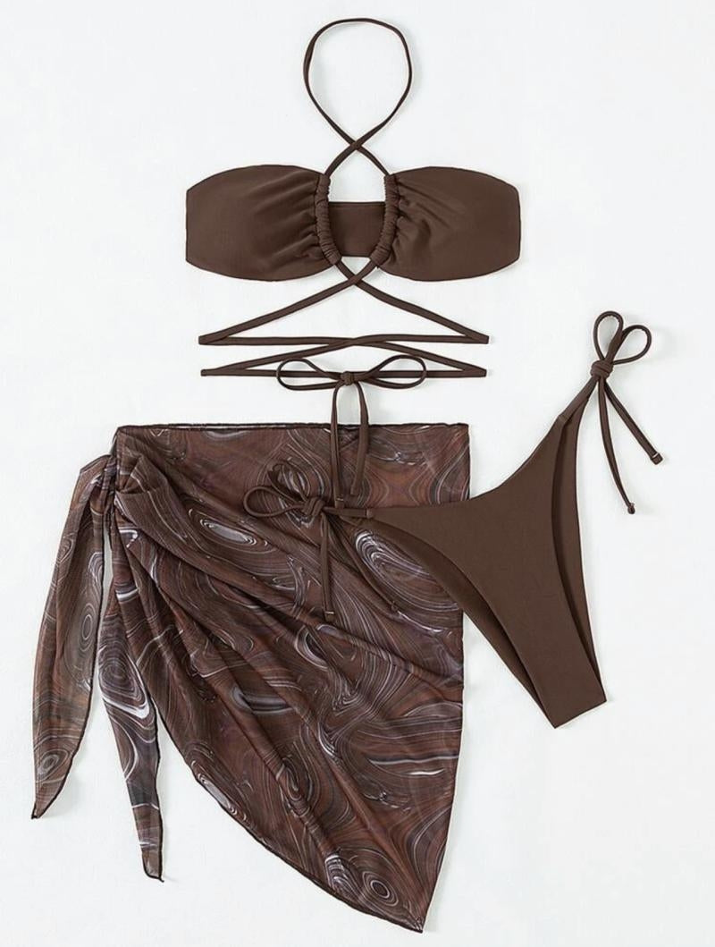 THREE-PIECE OLIVE GREEN HALTER MICRO BIKINI WITH PADDED CUPS AND ADJUSTABLE TIES