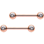 14G 9/16 Clear Gem Rose Gold PVD Barbell Nipple Ring Set
