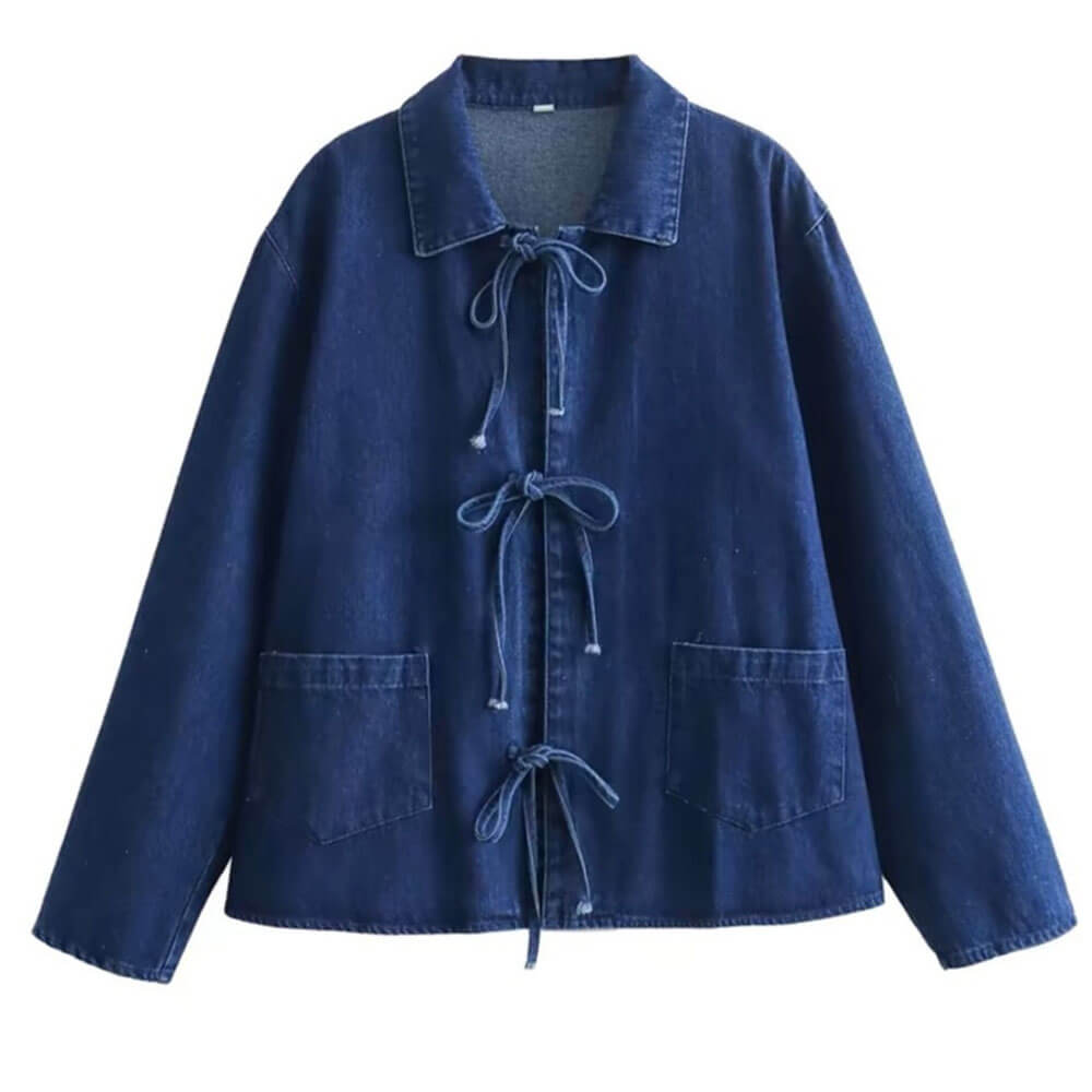 TIE-FRONT DENIM JACKET WITH LONG SLEEVE ROUND NECK DESIGN