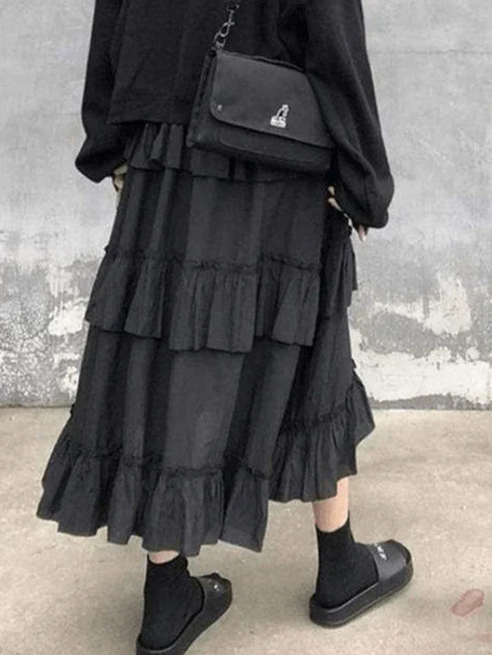 TIERED RUFFLE SKIRT OUTFIT - SLIM-FIT MIDI SKIRT ENSEMBLE