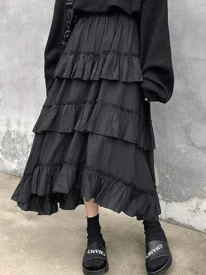 TIERED RUFFLE SKIRT OUTFIT - SLIM-FIT MIDI SKIRT ENSEMBLE