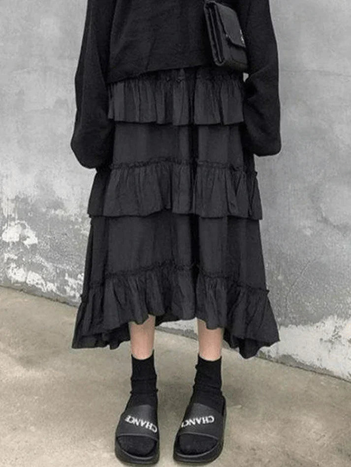 TIERED RUFFLE SKIRT OUTFIT - SLIM-FIT MIDI SKIRT ENSEMBLE