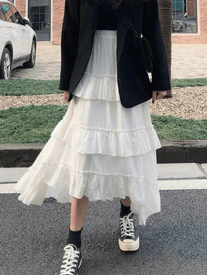 TIERED RUFFLE SKIRT OUTFIT - SLIM-FIT MIDI SKIRT ENSEMBLE
