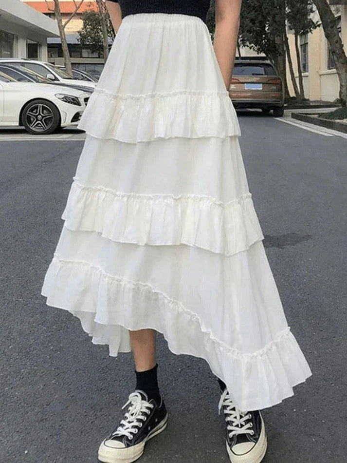 TIERED RUFFLE SKIRT OUTFIT - SLIM-FIT MIDI SKIRT ENSEMBLE