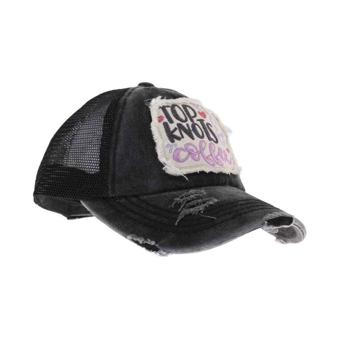 Top Knots and Coffee Patch C.C High Pony Criss Cross Ball Cap