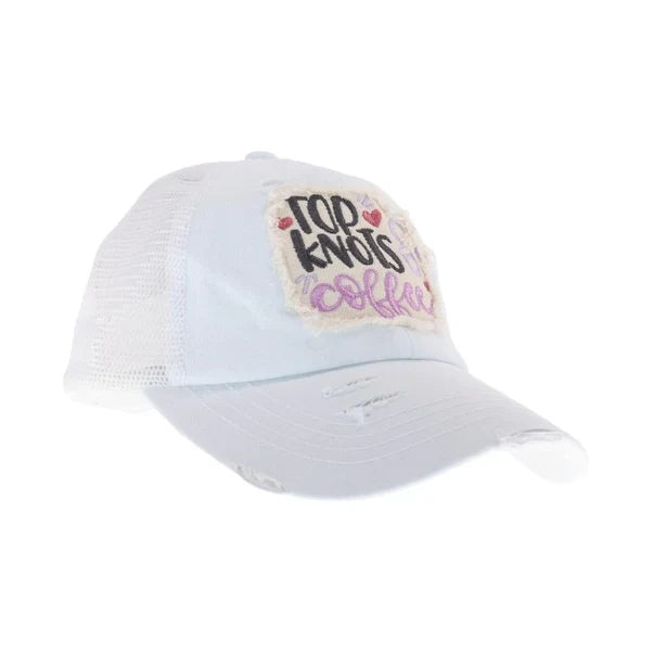 Top Knots and Coffee Patch C.C High Pony Criss Cross Ball Cap