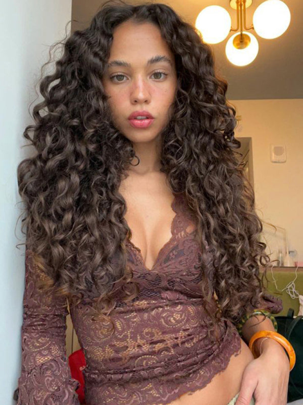 Top Sexy Slim Lace V Neck Bell Sleeves - Brown / S