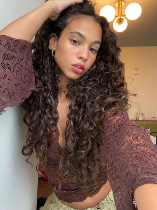 Top Sexy Slim Lace V Neck Bell Sleeves - Brown / S