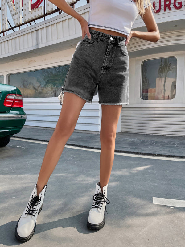 Trendy loose casual high waisted loose denim shorts - Charcoal grey / XS