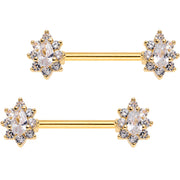 Clear CZ Gem Gold Plated Teardrop Star Barbell Nipple Ring Set