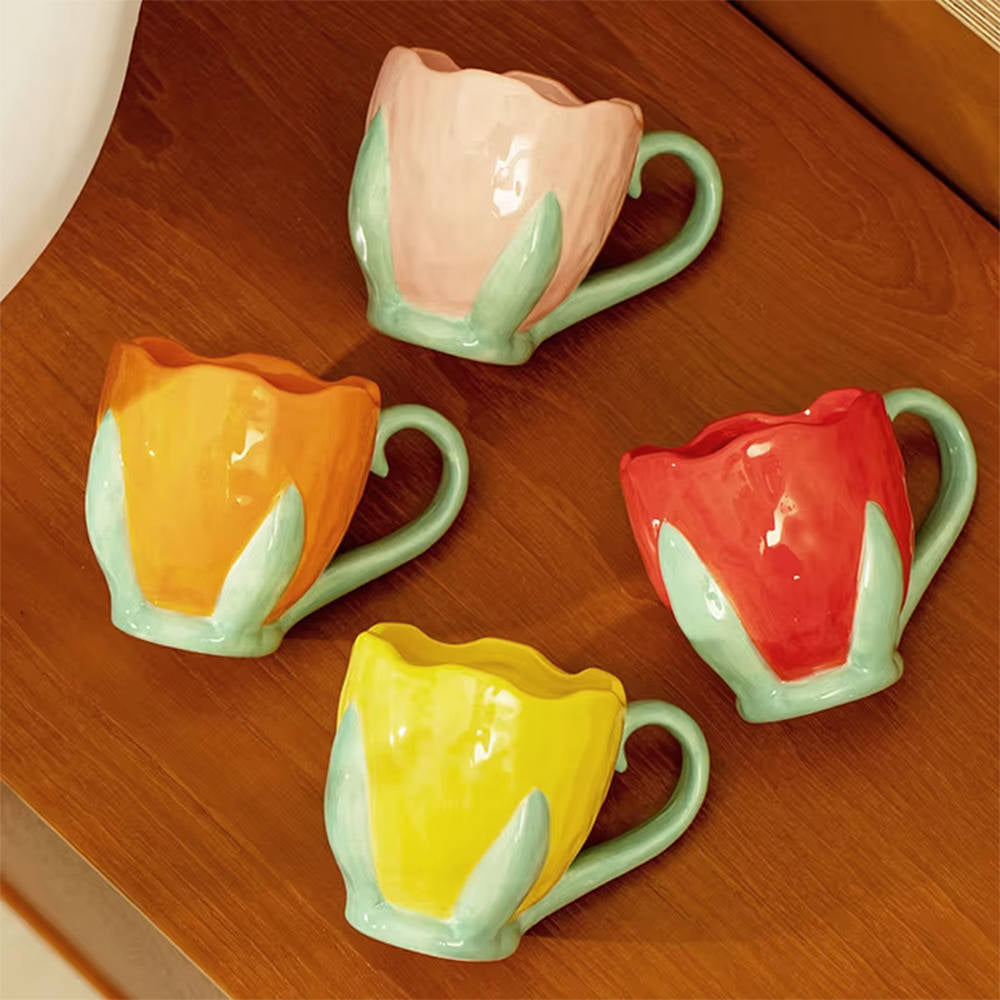 TULIP CERAMIC MUG PINK AND GREEN FLORAL CUP