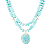 Double Stranded Blue Turquoise Sterling Silver Statement Pendant Necklace