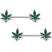 Green Marijuana Leaf Puff Puff Pass Barbell Nipple Ring Set